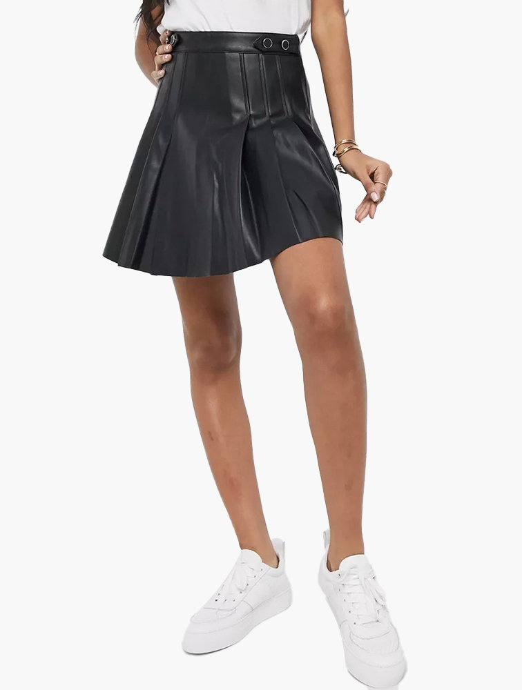 Shop River Island Black Faux Leather Pleated Mini Skirt for Women